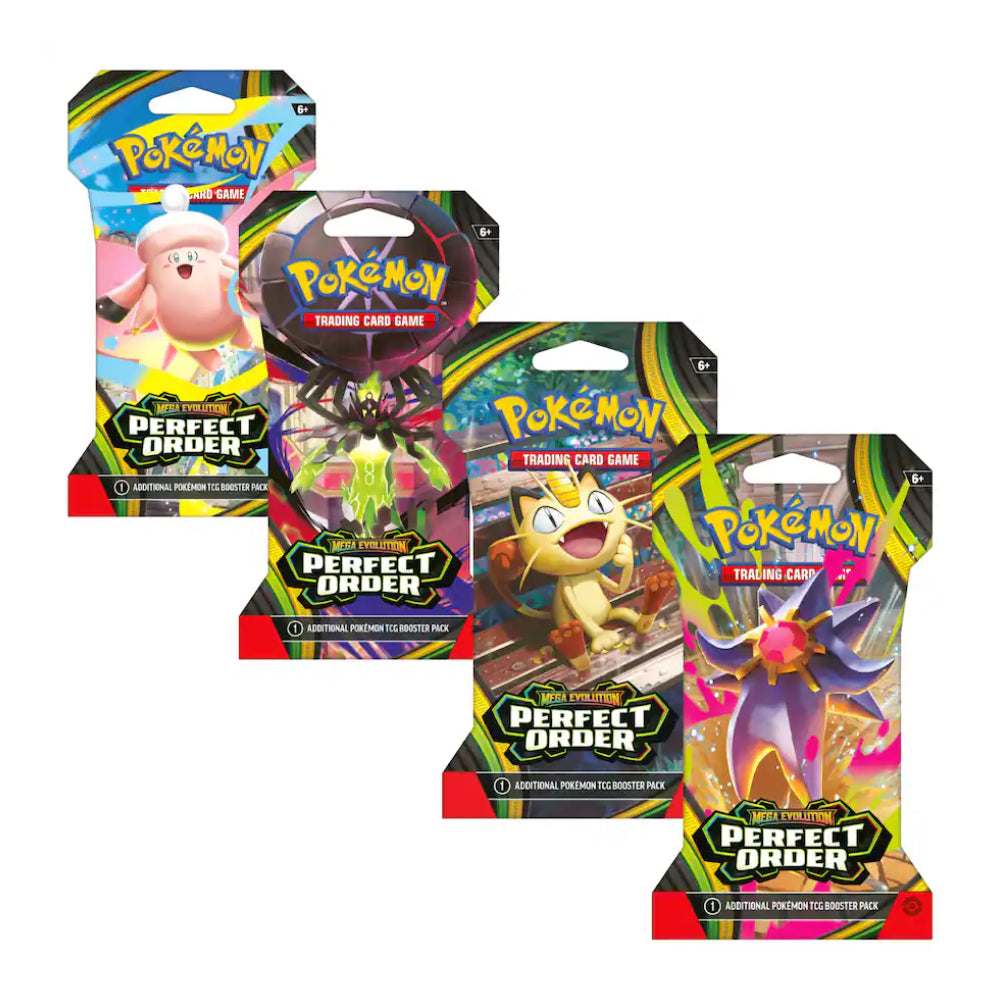 Four Pokémon Trading Card Game booster pack packages arranged in a fan shape on a plain white background. The packages feature colorful character art and the Pokémon branding with 'Perfect Order' text near the bottom.