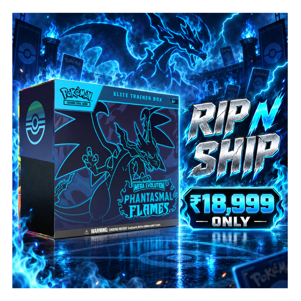 Pokémon Elite Trainer Box - Most Challenging Phantasmal Flames, featuring a dark blue and black box with blue line art of Charizard. The box is displayed next to a large promotional badge reading 'RIP N SHIP ₹18,999 ONLY' against a dramatic blue electric flame background.