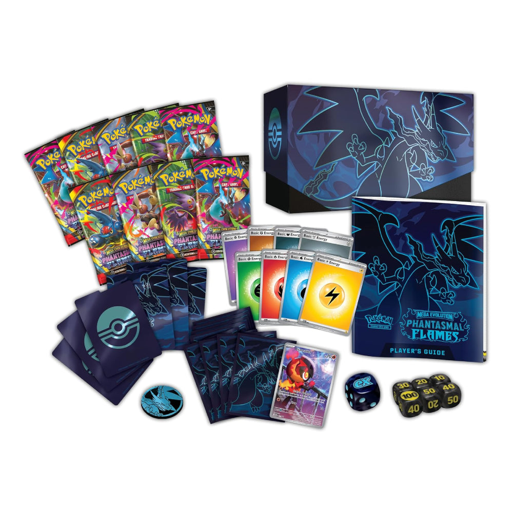 Pokémon TCG product set display on a white background, including multiple booster packs, a blue dragon-themed box, a player's guide, sleeves, cards, dice, and a coin.