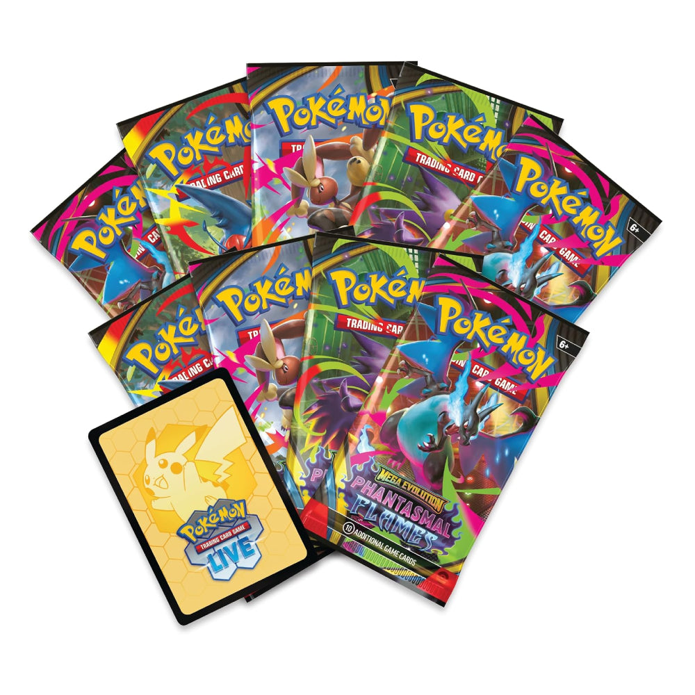 A fan arrangement of Pokémon Trading Card Game booster packs with a Pokémon TCG Live card shield in front, on a plain white background.