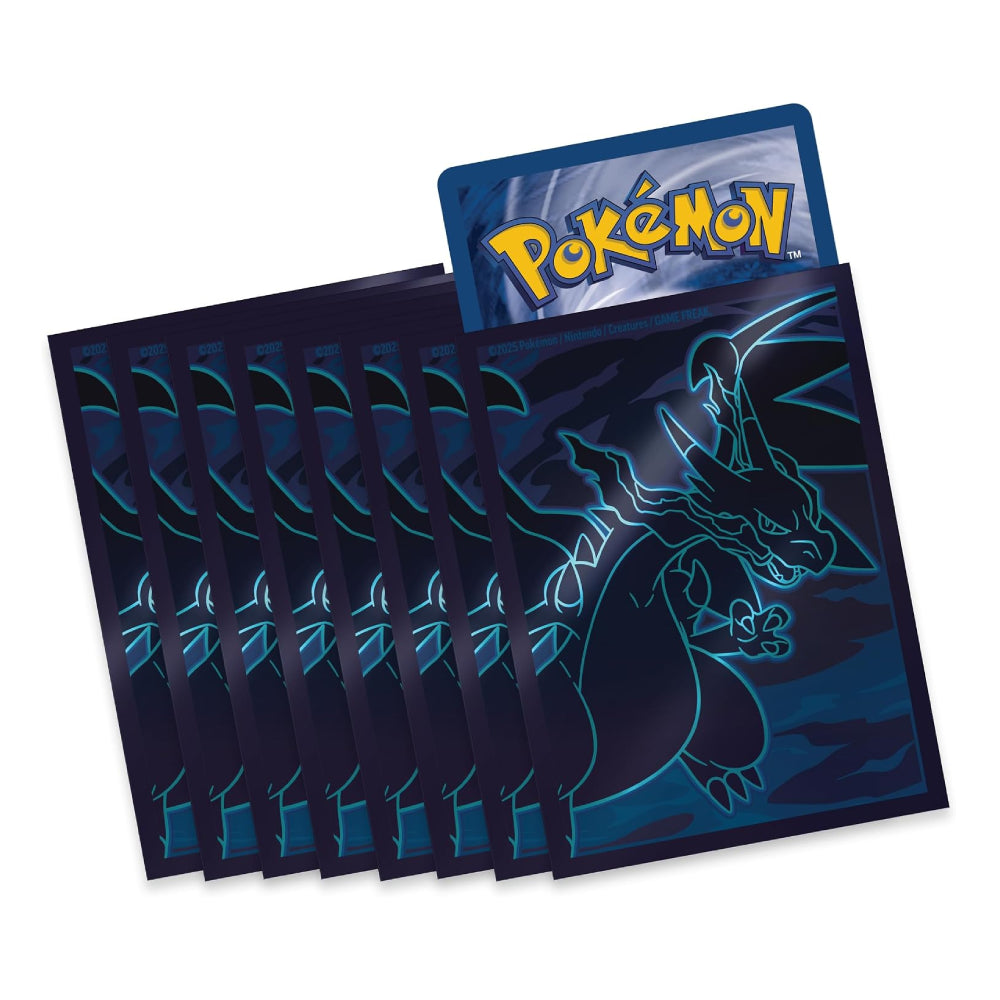Set of Pokémon trading cards with a dark blue card featuring a dragon-like creature on a white background.