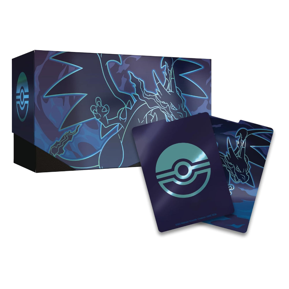 Pokémon Terahin card box and card sleeves featuring a dark blue and black camouflage pattern with glowing cyan line art of Terahin and a large Pokémon ball logo on the front.