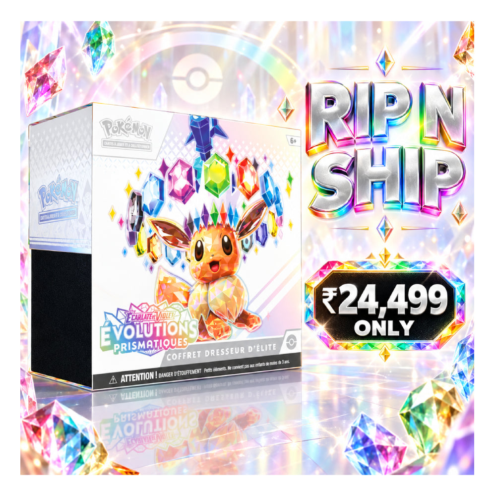 Pokémon Evolution Prismatique limited edition gift box packaging shown alongside promotional text reading 'RIP N SHIP' and a price badge of '₥24,499 ONLY' on a sparkling holographic background.