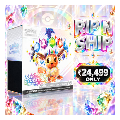 Pokémon Evolution Prismatique limited edition gift box packaging shown alongside promotional text reading 'RIP N SHIP' and a price badge of '₥24,499 ONLY' on a sparkling holographic background.