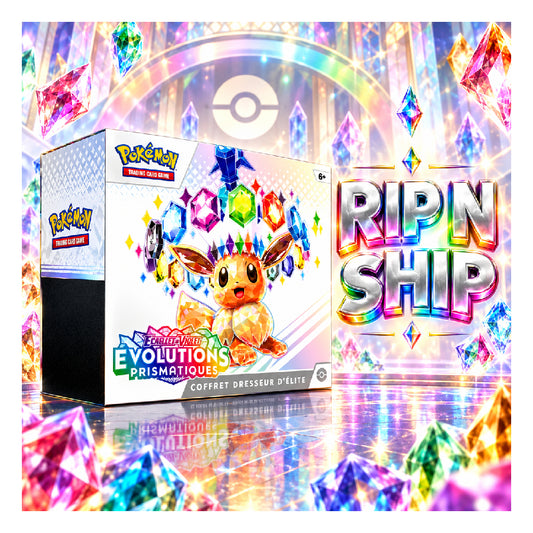Pokémon Evolution Prismatique limited edition gift box packaging shown alongside promotional text reading 'RIP N SHIP' and a price badge of '₥24,499 ONLY' on a sparkling holographic background.