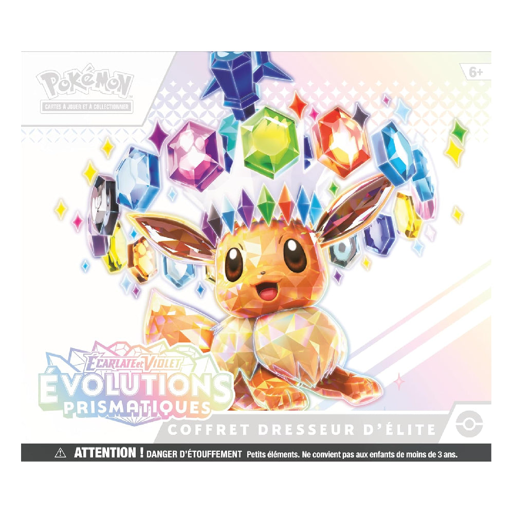 Pokémon Elite Trainer Box set packaging for Evolutions Prismatiques featuring Eevee surrounded by colorful floating prismatic gems on a white background.