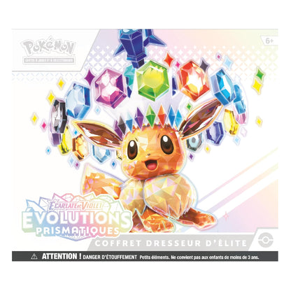 Pokémon Elite Trainer Box set packaging for Evolutions Prismatiques featuring Eevee surrounded by colorful floating prismatic gems on a white background.