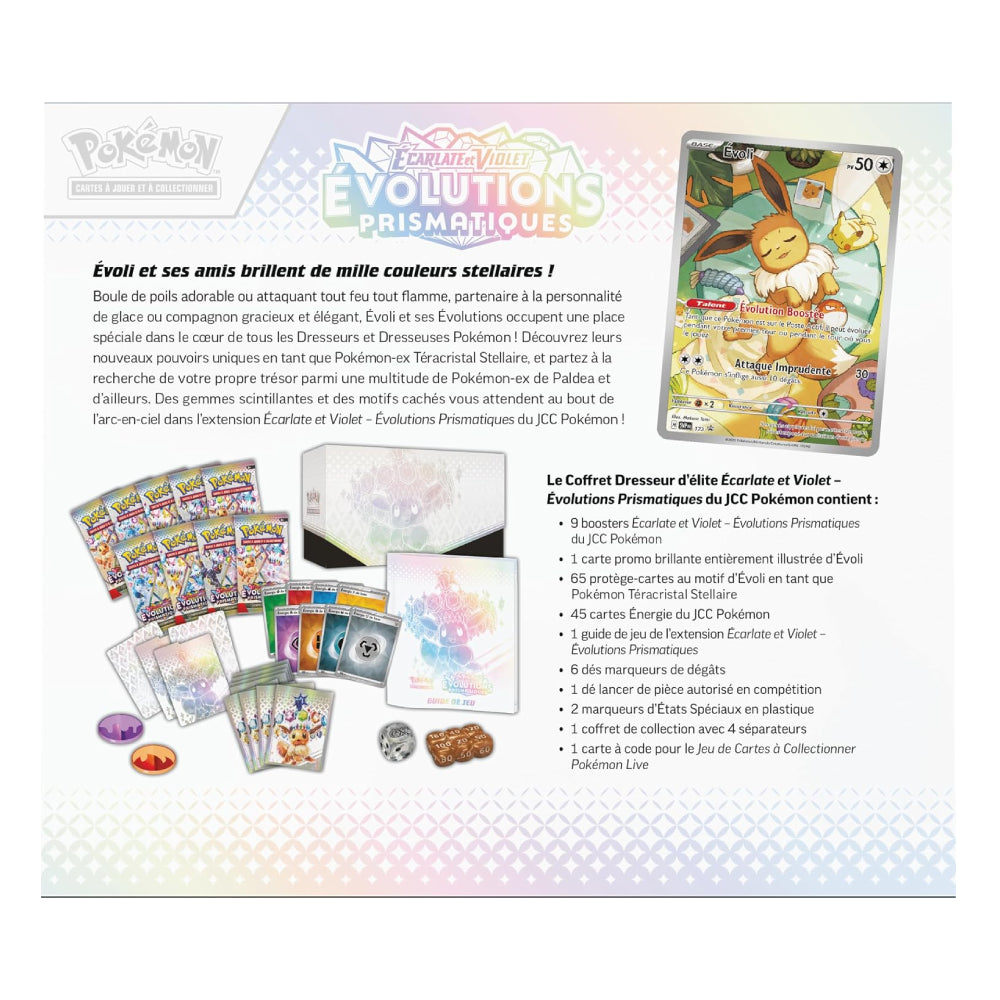 A product information page for the JEC Pokémon Live collection, featuring French text, a character card illustration of Evolish, a stack of illustrated Pokémon cards, a Pokémon Vise Vise card, and a small Pokémon Vise Vise card set on a light patterned background.