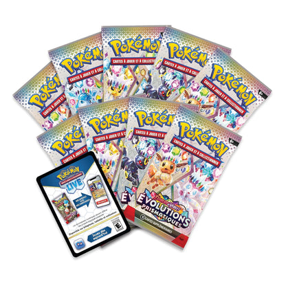 A fan arrangement of multiple Pokémon TCG booster packs with a Pokémon Live trading card promo card in front, all on a plain white background.