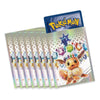 A set of fanned-out Pokémon trading card sleeves with a matching Pokémon card on top, featuring Eevee and holographic crystal-themed artwork on a white background.