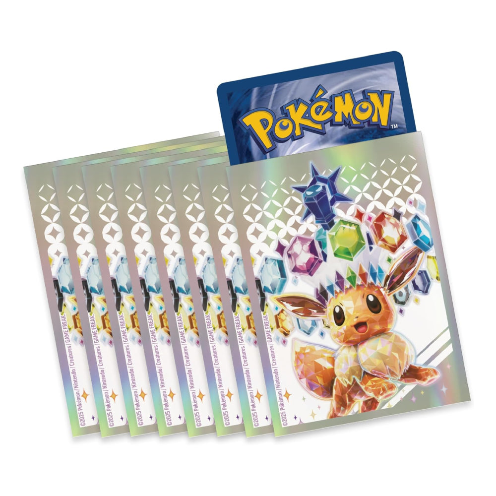 A set of fanned-out Pokémon trading card sleeves with a matching Pokémon card on top, featuring Eevee and holographic crystal-themed artwork on a white background.