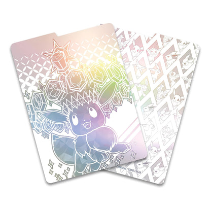 Two overlapping Pokémon TCG cards featuring Eevee, with one card showing a holographic pastel foil design and the other showing a white patterned back, on a clean white background.