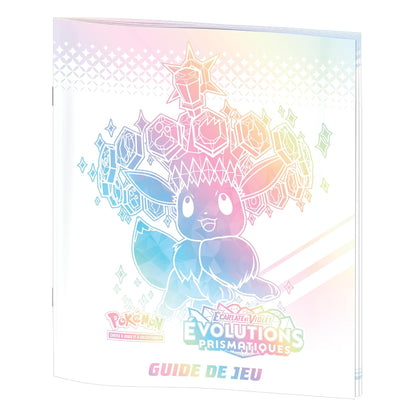 A Pokémon Evolutions Prismatiques game guide book with a holographic rainbow foil design featuring Eevee, on a clean white background.