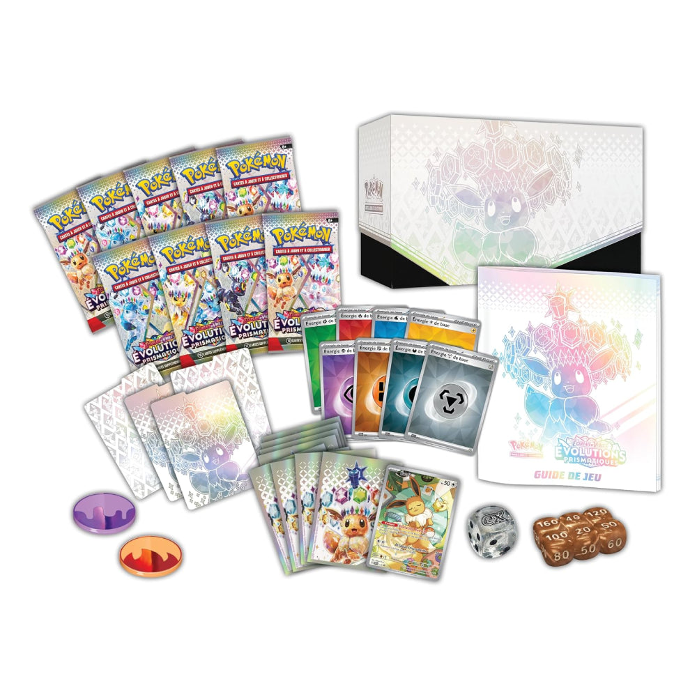 A Pokémon TCG youth game set displayed on a white background, including booster packs, character cards, play money, tokens, dice, and a decorative box.