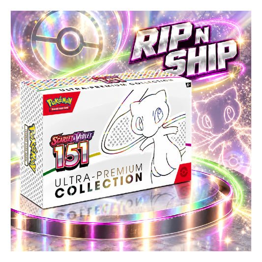 Pokémon Scarlet & Violet 151 Ultra-Premium Collection trading card box shown on a glittery promotional background with 'RIP N' SHIP' and '₥1,28,999 ONLY' text.