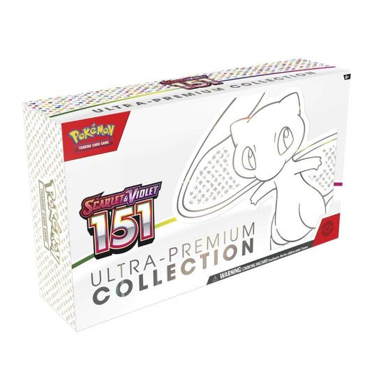 Pokémon Trading Card Game 'Scarlet & Violet Ultra-Premium Collection' 151 card box, featuring a white box with a line art illustration of Mew and the Scarlet & Violet logo.