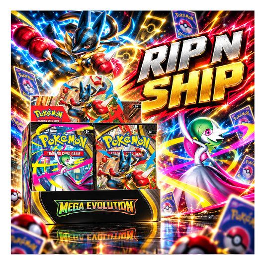 Promotional graphic for a Pokémon Mega Evolution trading card game bundle, featuring illustrated character art, multiple Pokémon TCG Game Box covers, a black display base labeled Mega Evolution, and large text reading RIP N SHIP and ₵44,749 ONLY.
