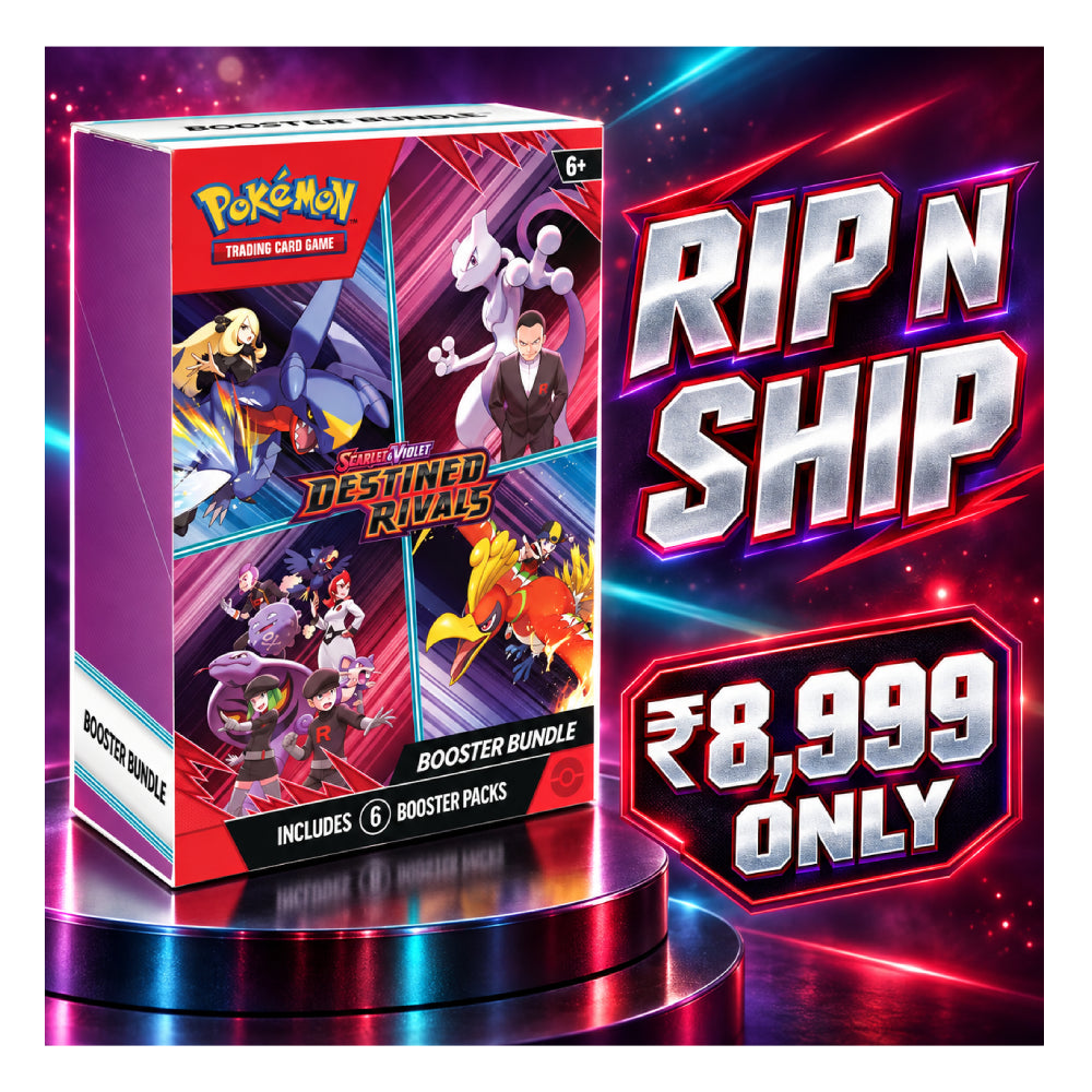 Pokémon Trading Card Game Crossover TCG Rivals Booster Bundle box shown next to a large promotional graphic reading 'RIP N SHIP' and '₥8,999 ONLY' on a neon cosmic background.