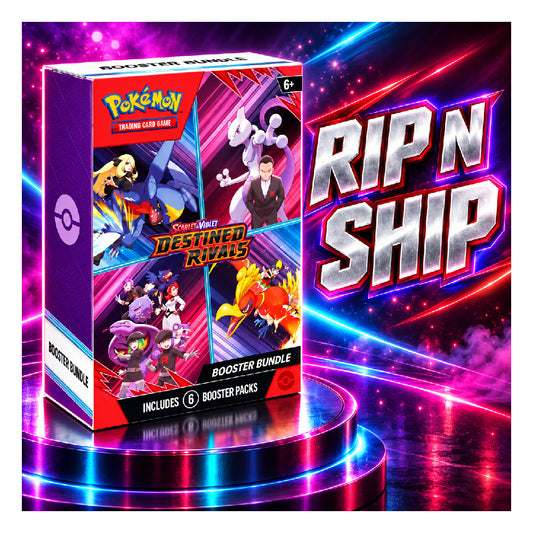 Pokémon Trading Card Game Crossover TCG Rivals Booster Bundle box shown next to a large promotional graphic reading 'RIP N SHIP' and '₥8,999 ONLY' on a neon cosmic background.