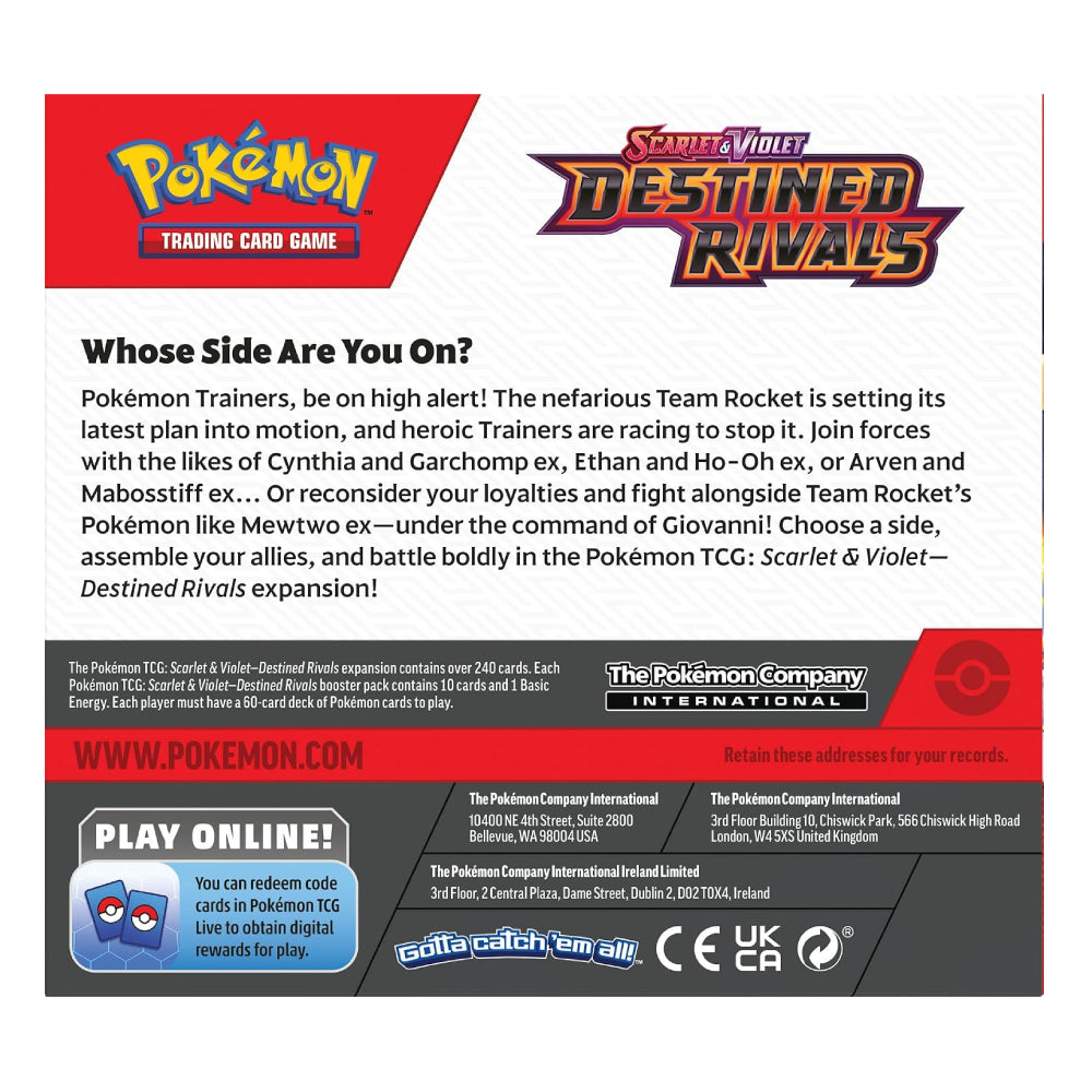 A promotional informational card for Pokémon Trading Card Game expansion 'Scarlet & Violet Destined Rivals,' with team logos, product text, website URL, and a play online banner on a white background.