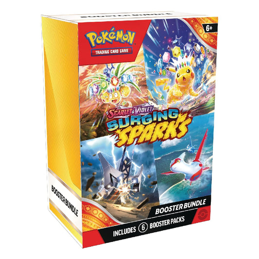 Pokémon Trading Card Game Scizor Vividly Gurgling Sparks Booster Bundle box, featuring colorful character artwork and product details on a white background.