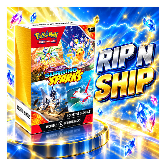 A promotional listing image for a Pokémon Trading Card Game booster bundle box, shown alongside large sale text reading 'RIP N SHIP' and a price badge of '₹6,999 ONLY'. The box artwork features colorful character art and the Pokémon branding.