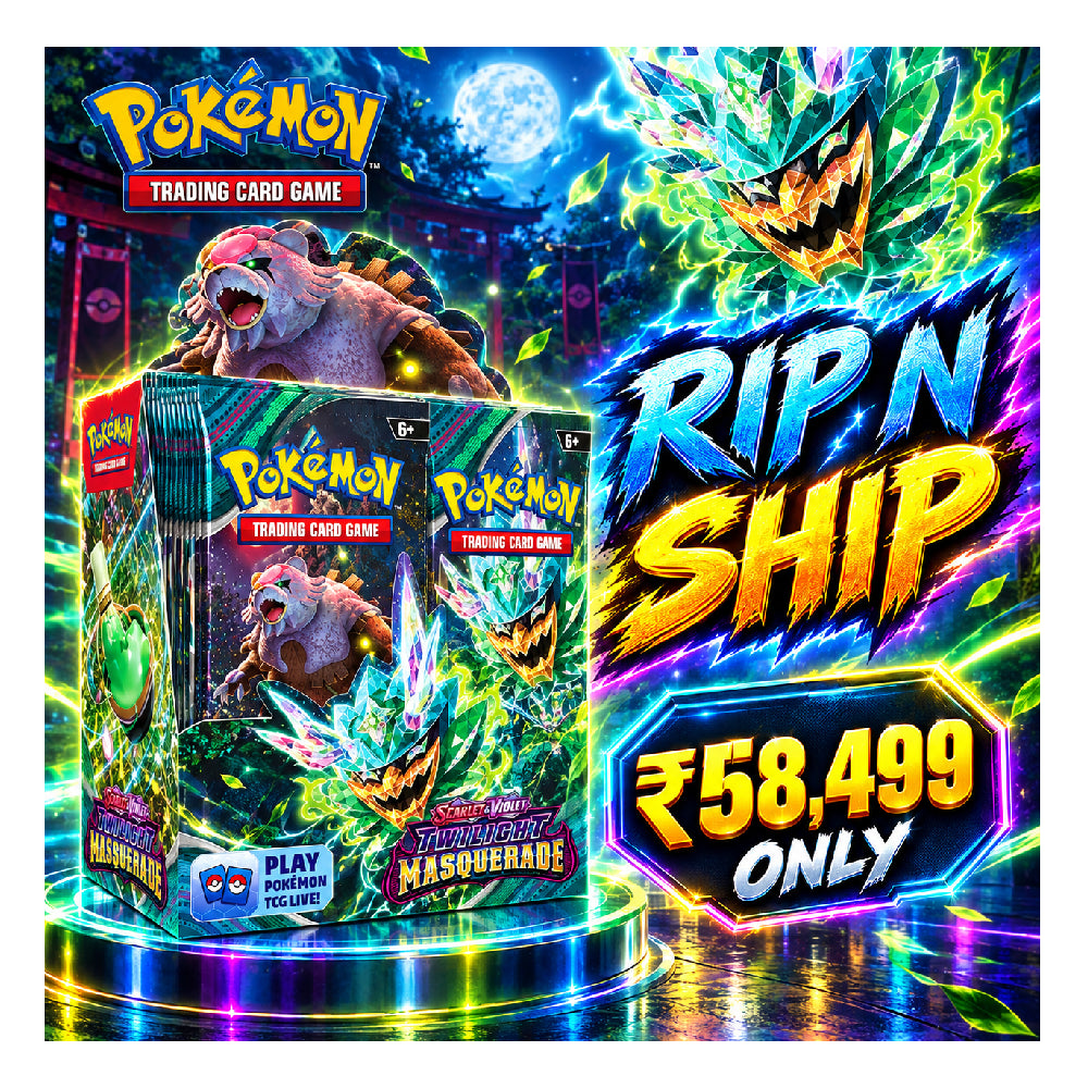 Pokémon Trading Card Game Masquerade booster box displayed in a neon-lit promotional graphic with large text reading “RIP N SHIP” and “₥58,499 ONLY.”.