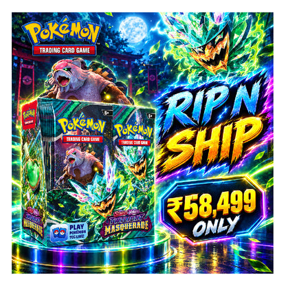 Pokémon Trading Card Game Masquerade booster box displayed in a neon-lit promotional graphic with large text reading “RIP N SHIP” and “₥58,499 ONLY.”.