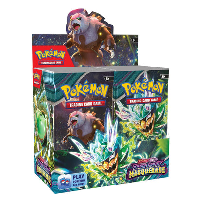 Pokémon Trading Card Game booster box display with two boxes in front of a larger back box, featuring artwork of a pinkish rock-type creature and the Yugi’s Masked Cards logo, on a white background.