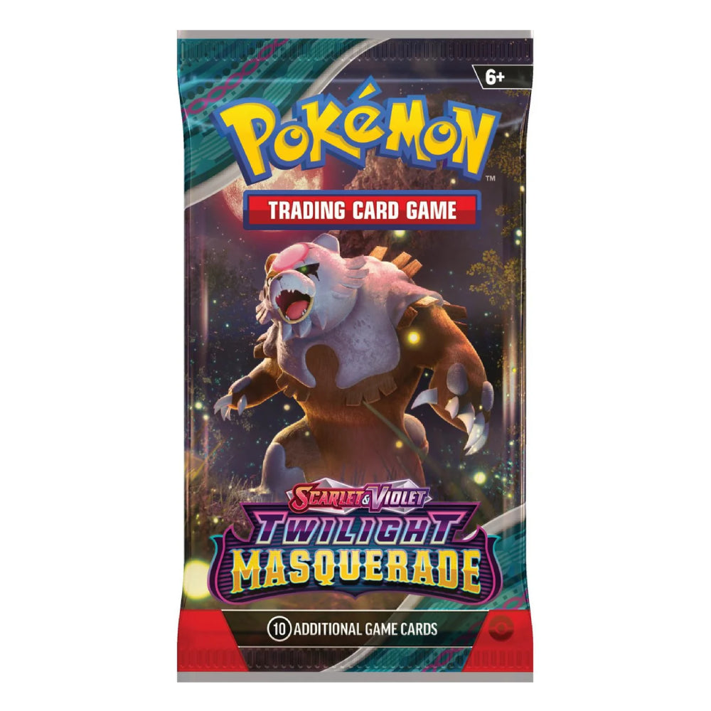 Pokémon Trading Card Game booster pack for Spire & Violet: Twilight Masquerade, featuring artwork of a masked creature on the front.