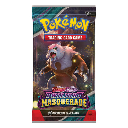 Pokémon Trading Card Game booster pack for Spire & Violet: Twilight Masquerade, featuring artwork of a masked creature on the front.