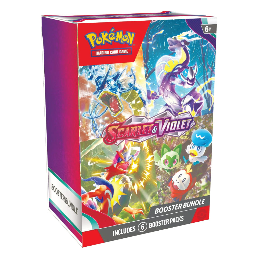Pokémon Trading Card Game Scarlet & Violet Booster Bundle box, featuring colorful artwork of various Pokémon characters and the Scarlet & Violet logo on a clean white background.