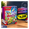 Pokémon Scarlet & Violet Booster Bundle box displayed on a wooden surface, with a promotional price badge reading “₥11,299” and Pokémon branding visible.