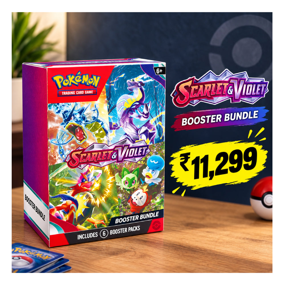 Pokémon Scarlet & Violet Booster Bundle box displayed on a wooden surface, with a promotional price badge reading “₥11,299” and Pokémon branding visible.