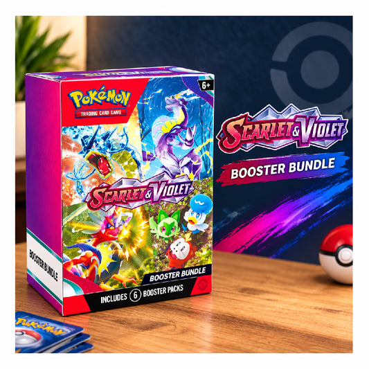 Pokémon Scarlet & Violet Booster Bundle box displayed on a wooden surface, with a promotional price badge reading “₥11,299” and Pokémon branding visible.