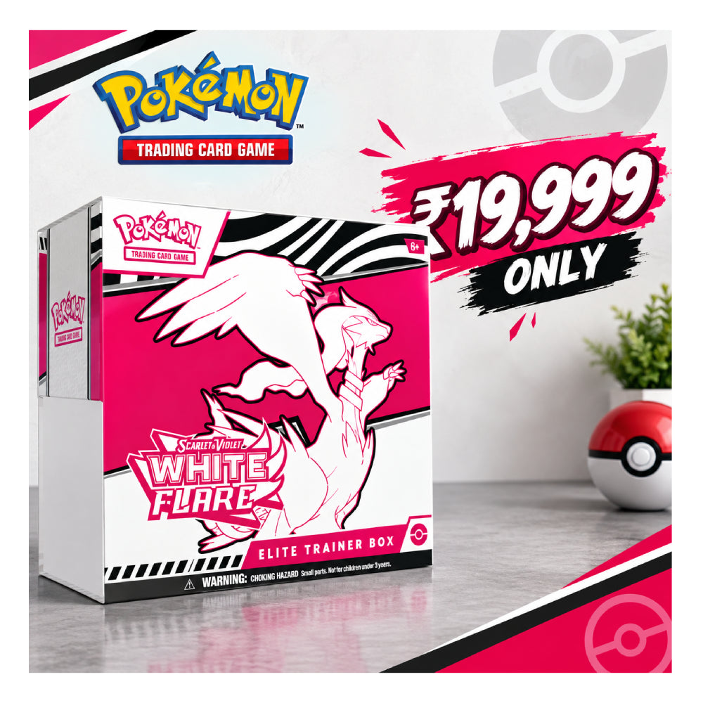 Pokémon Trading Card Game Elite Trainer Box featuring White Flare, shown in its retail packaging with promotional text overlay and a Pokémon logo at the top.