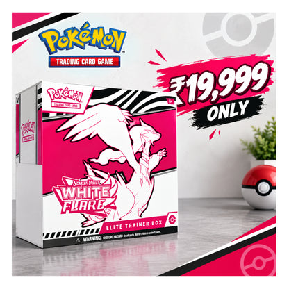Pokémon Trading Card Game Elite Trainer Box featuring White Flare, shown in its retail packaging with promotional text overlay and a Pokémon logo at the top.