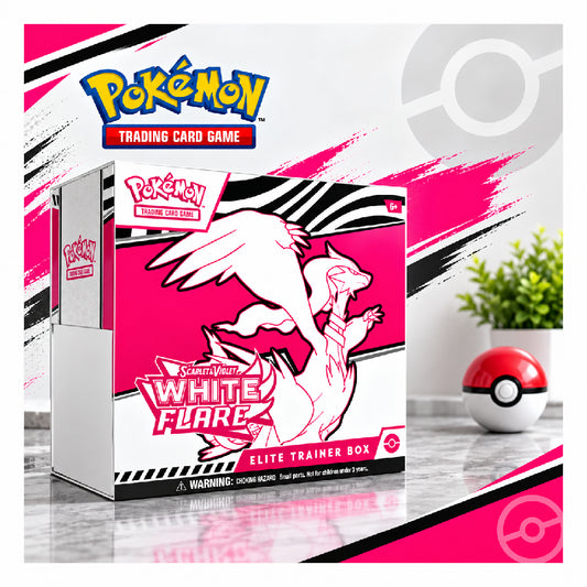 Pokémon Trading Card Game Elite Trainer Box featuring White Flare, shown in its retail packaging with promotional text overlay and a Pokémon logo at the top.