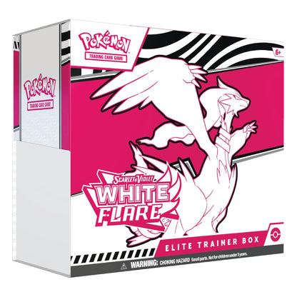 Pokémon Trading Card Game Scarlet & Violet White Flare Elite Trainer Box, featuring a white and pink design with a white bird illustration on the front.
