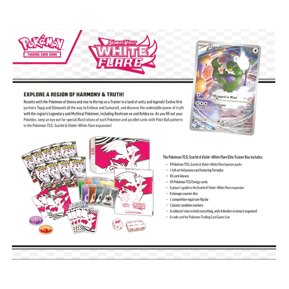 A promotional product image for the Pokémon Trading Card Game White Flare Elite Trainer Box. The layout features the official White Flare logo, a list of features and included contents, and several sample Pokémon cards arranged on a white background.