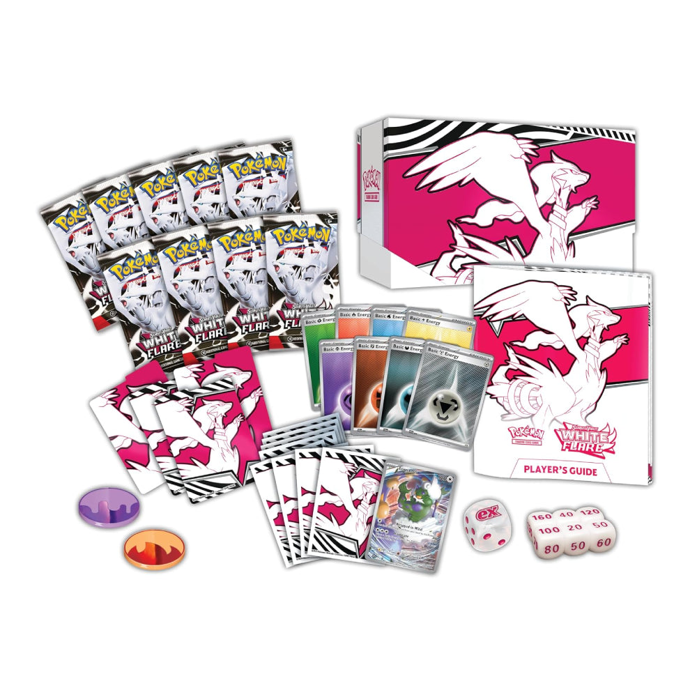 Pokémon TCG White Versus Silver deck building set with multiple booster packs, a silver binder, a player's guide, cards, dice, and tokens arranged on a white background.