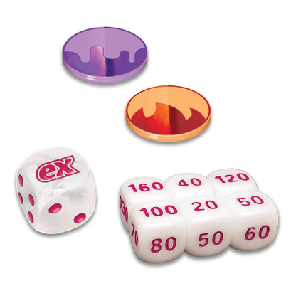 Set of dice with red numbers on a white background