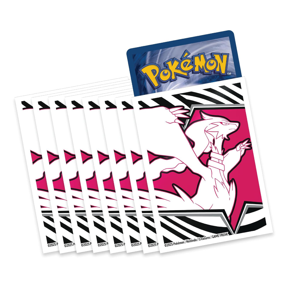A set of Pokémon booster packs fanned out, with one pack standing upright to show the blue Pokémon logo and card header art featuring a white line-art character on a pink and black geometric background.