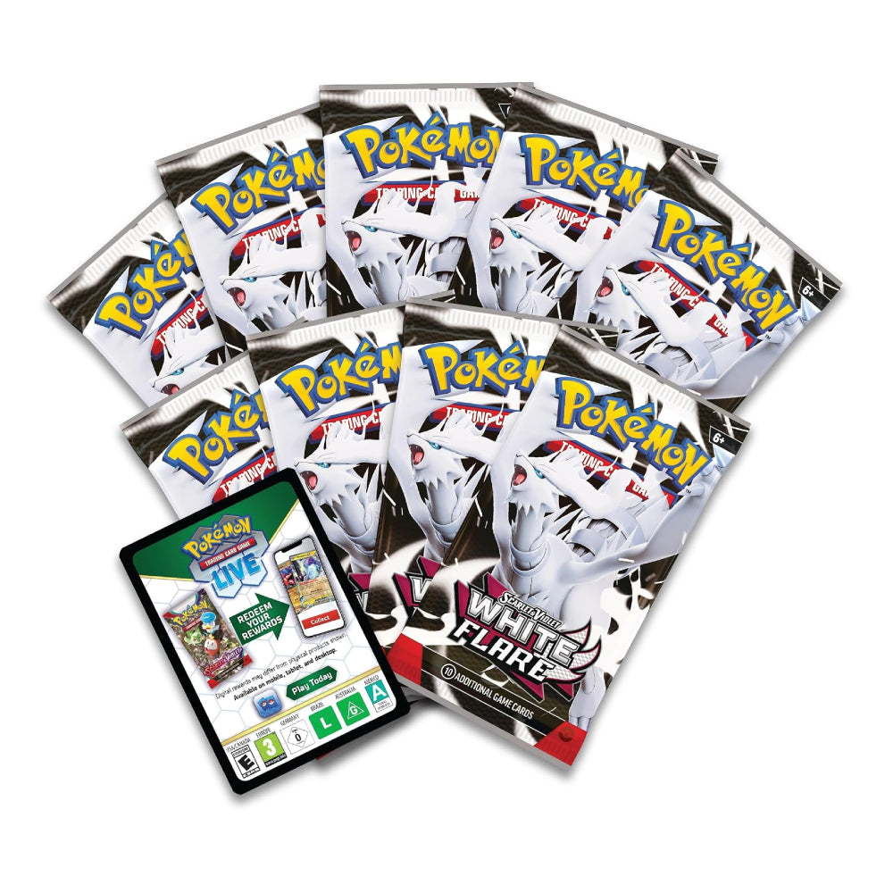 A set of Pokémon TCG booster packs fanned out on a white background, with a Pokémon LIVE app promo card placed in front. The packs feature artwork of a white monster with red eyes and the text 'MUTO FLARE'.