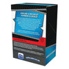 A boxed product package shown at an angle on a plain white background. The box is predominantly black with a textured pattern, large blue panels, white text, and a red circular badge.