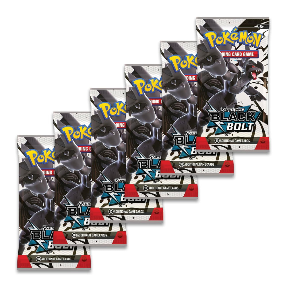 Six Pokémon Trading Card Game booster packs for the Silver Tempest Black Bolt expansion are arranged in a staggered diagonal layout on a plain white background.