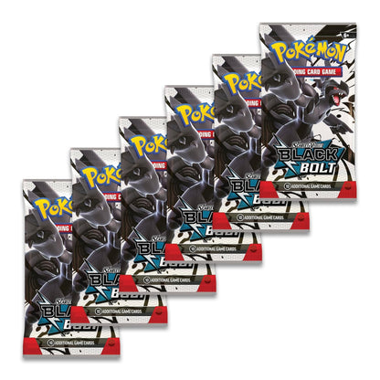 Six Pokémon Trading Card Game booster packs for the Silver Tempest Black Bolt expansion are arranged in a staggered diagonal layout on a plain white background.