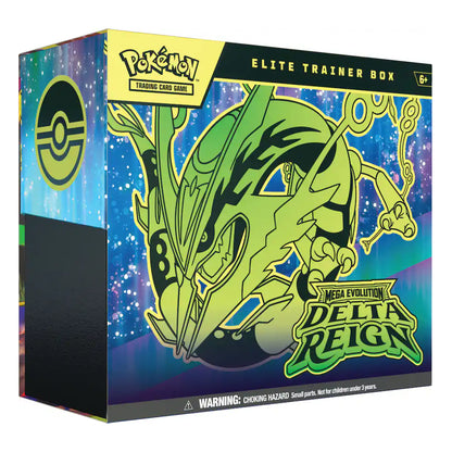 Pokémon Mega Evolution Delta Reign Elite Trainer Box card pack packaging, featuring a green Delta Reign illustration on a blue and purple starry background.