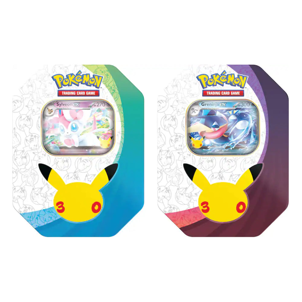 Two Pokémon Trading Card Game tins side by side on a white background, one featuring Pikachu with blue and green accents and the other featuring Groudon with purple and pink accents.