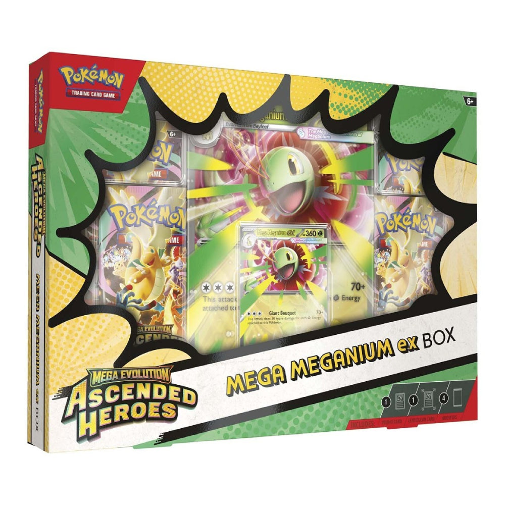 Pokémon Trading Card Game Mega Meganium ex Box set packaging, featuring a comic-style green and yellow frame with a central window displaying the contents of the trading card box.